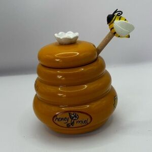 Ceramic Honey Pot with Bee Spoon - Yellow